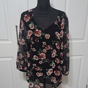 CAbi Black Floral Sheer Blouse